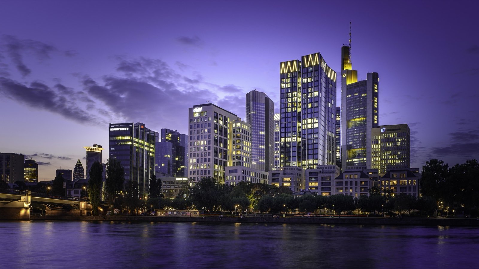 Financial district skyline at dusk