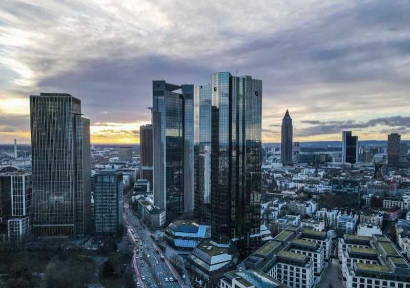 Aerial view of a financial district